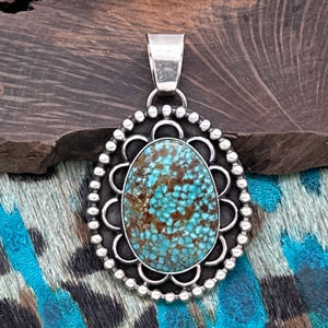 COOPER WILLIE Navajo Sterling Silver & Webbed Kingman Turquoise Pendant Scallops